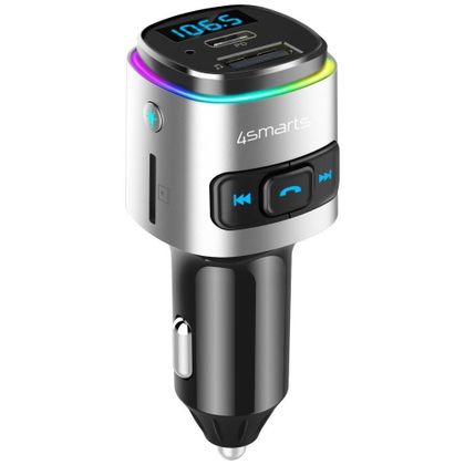 Ładowarka samochodowa z transmiterem FM Bluetooth 4smarts Media&Assist 2 z wejściem multimedialnym i funkcją zestawu głośnomówiącego srebrny
