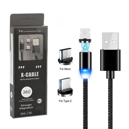 Ecobox Kabel 3w1 Magnetyczny 360 USB - Typ-c / microUSB / Lightning 2A 1m Czarny