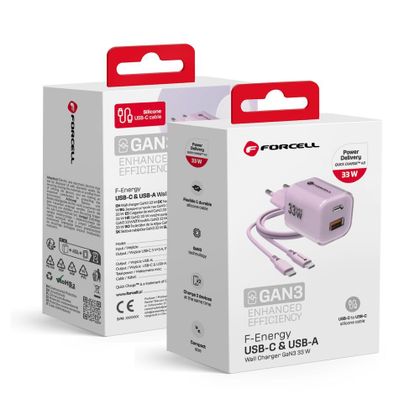 Ładowarka sieciowa do telefonu Forcell F-Energy GaN III Crystal Color USB C + USB A QC4.0 PD 33W + kabel USB C do USB C VT-41 fioletowa 0INT