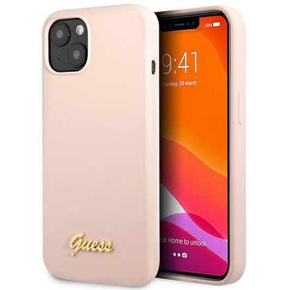 Guess GUHCP13MLSLMGLP iPhone 13 / 14 / 15 6.1" jasnoróżowy/light pink hardcase Silicone Script Gold Logo