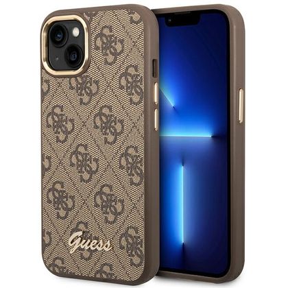 Guess GUHCP14SHG4SHW iPhone 14 / 15 / 13 6.1" brązowy/brown hard case 4G Vintage Gold Logo