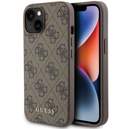 Guess GUHCP15SG4GFBR iPhone 15 / 14 / 13 6.1" brązowy/brown hard case 4G Metal Gold Logo