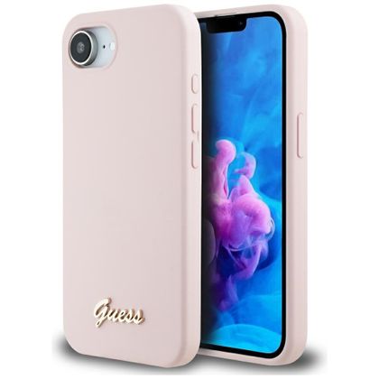 Etui Guess Silicone Script Metal Logo MagSafe do iPhone 16e / 17e różowy