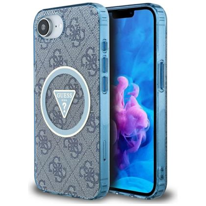 Etui Guess IML Metal Glitter 4G Circle Triangle MagSafe do iPhone 16e / 17e niebieski