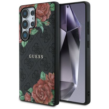 Etui Guess Leather 4G Flowers Print Metal Classic Logo MagSafe Samsung Galaxy S25 Ultra czarny