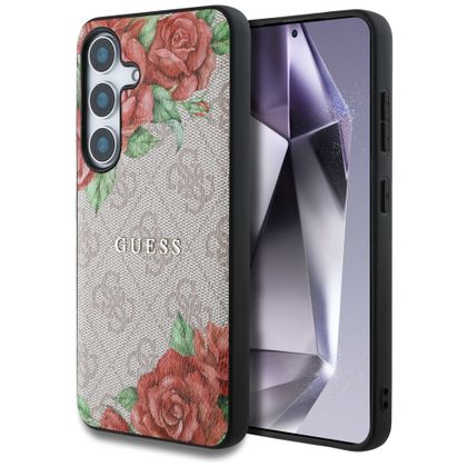 Etui Guess Leather 4G Flowers Print Metal Classic Logo MagSafe Samsung Galaxy S25 różowy