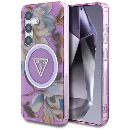 Etui Guess Glitter Flowers Triangle Buttons MagSafe do Samsung Galaxy S25 fioletowy