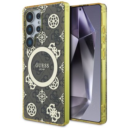 Etui Guess 4G Background Gold Electroplated Peony Pattern MagSafe do Samsung Galaxy S25 Ultra brązowy