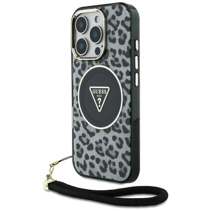 Etui Guess HC IML Leopard Triangle Cord Strap do iPhone 16 Pro MagSafe czarny