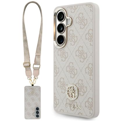 Zestaw Etui + Smycz Guess 4G Big Rhinestone Triangle Strap MagSafe do Samsung Galaxy S26 różowy