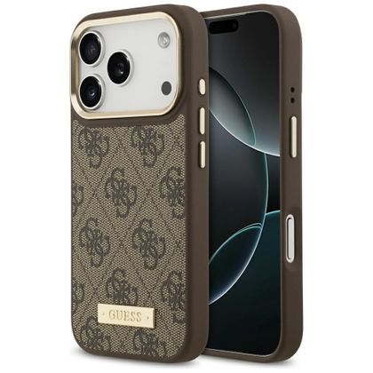 Etui Guess 4G Logo Plate MagSafe do iPhone 17 Pro / 18 Pro brązowy