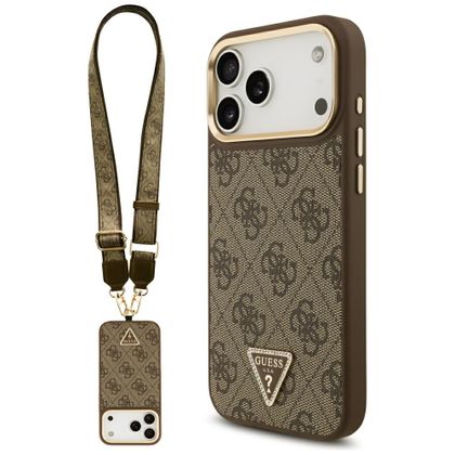 Etui Guess 4G Triangle Logo & Big Strap Metal Buttons MagSafe do iPhone 17 Pro Max / 18 Pro Max brązowy