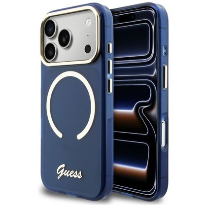 Etui Guess IML Script Metal MagSafe do iPhone 17 Pro / 18 Pro niebieski
