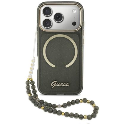 Etui Guess IML Glitters Script Strap MagSafe do iPhone 17 Pro / 18 Pro czarny
