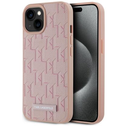Etui Karl Lagerfeld Leather Monogram Metal Logo MagSafe do iPhone 15 różowy