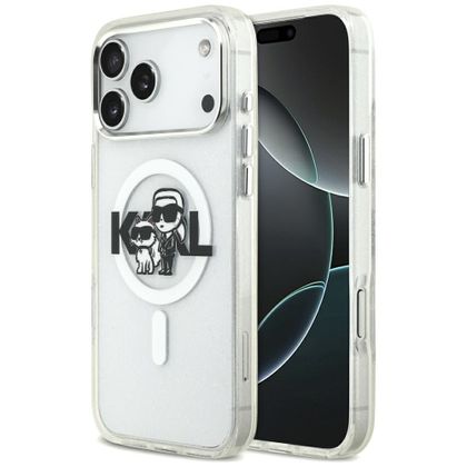 Etui Karl Lagerfeld IML Glitter Karl & Choupette Sketch Logo MagSafe do iPhone 17 Pro Max / 18 Pro Max przezroczysty