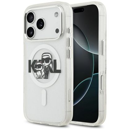 Etui Karl Lagerfeld IML Glitter Karl & Choupette Sketch Logo MagSafe do iPhone 17 Pro / 18 Pro przezroczysty