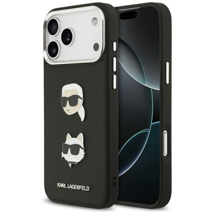 Etui Karl Lagerfeld FW Grained Karl & Choupette Heads Pins & Logo do iPhone 17 Pro Max / 18 Pro Max czarny