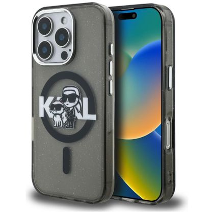 Etui Karl Lagerfeld IML Glitter Karl & Choupette Sketch Logo MagSafe do iPhone 16 Pro Max czarny