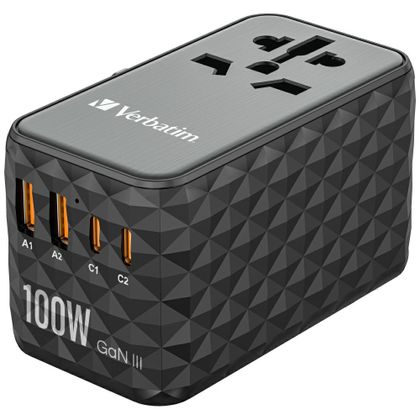 Verbatim Adapter podróżny EU/UK/US GaN2xUSB-A/2xUSB-C PD 100W UTA-06 czarny/black 32121