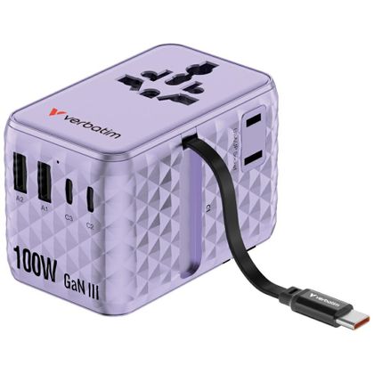 Verbatim Adapter podróżny EU/UK/US GaN 2xUSB-C/2xUSB-A/1xUSB-C PD 100W fioletowy 30193