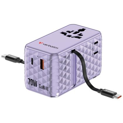 Verbatim Adapter podróżny EU/UK/US GaN 1xUSB-C/1xUSB-A/2xUSB-C PD 70W fioletowy 30188