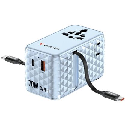 Verbatim Adapter podróżny EU/UK/US GaN 1xUSB-C/1xUSB-A/2xUSB-C PD 70W niebieski 30187