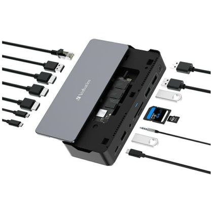 Adapter Verbatim stacja dokująca USB-C Pro 15w1 2xHDMI/1xRJ45/4xUSB-A/3xUSB-C/1xSD/1xmicroSD/1xAudio/1xDisplayPort/1xSSD szary 32174