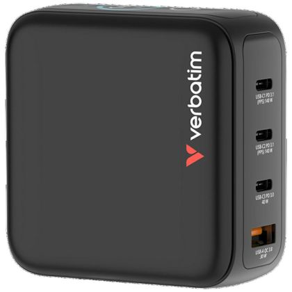 Ładowarka sieciowa Verbatim Mini GaN 140W 3xUSB-C PD/1x USB-A QC adapter UE/UK/USA czarny 30240