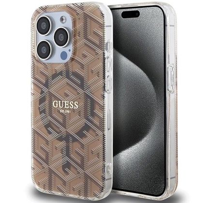 GUESS futerał do IPHONE 15 Pro kompatybilny z MagSafe GUHMP15LHGCUSTGW (IML GCUBE) brązowy