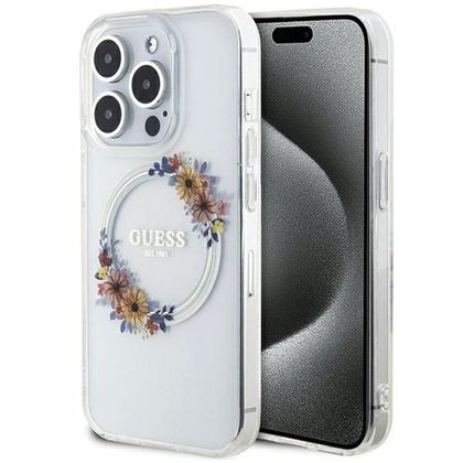 GUESS futerał do IPHONE 15 Pro kompatybilny z MagSafe GUHMP15LHFWFCT (Flowers Wreath) transparentny