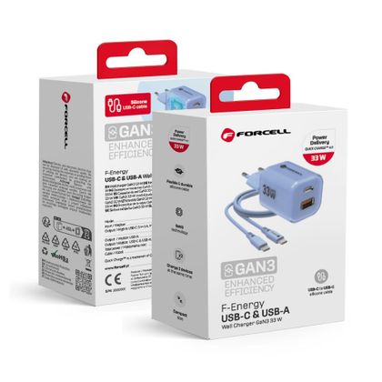 Ładowarka sieciowa do telefonu Forcell F-Energy GaN III Crystal Color USB C + USB A QC4.0 PD 33W + kabel USB C do USB C VT-41 niebieska 0INT