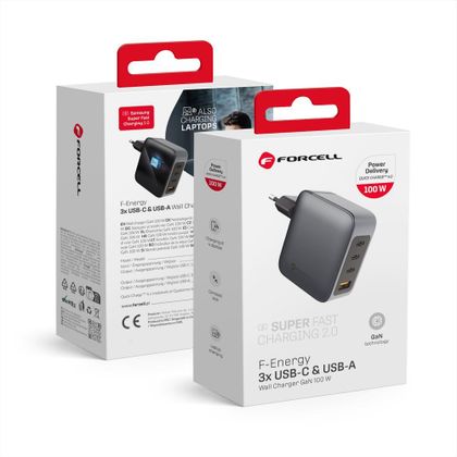 Ładowarka sieciowa do telefonu Forcell F-Energy GaN 3 x USB C + USB A QC4.0 PD 5A 100W VT-46 szara