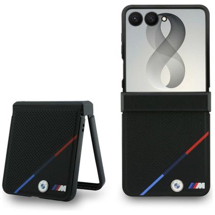 BMW futerał do SAMSUNG GALAXY Z FLIP 8 kompatybilny z MagSafe (Leather Perforated Tricolor Stripe Metal Logos) czarny