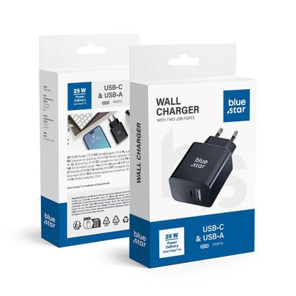 Ładowarka sieciowa do telefonu Blue Star USB C + USB A QC4.0 PD 3A 25W TFB-TC-25WPD czarna