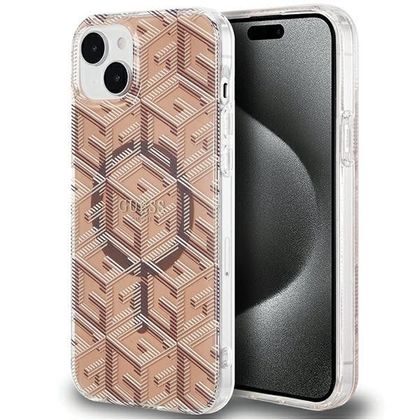 GUESS futerał do IPHONE 15 kompatybilny z MagSafe GUHMP15SHGCUSTGW (IML GCUBE) brązowy