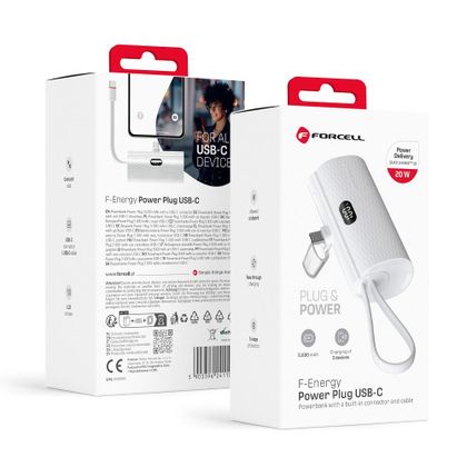 Powerbank Forcell F-Energy Power Plug F5K3 PD 20W 5000 mAh z wbudowanym złączem USB C biały