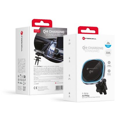 Uchwyt na telefon do samochodu indukcyjny zgodny z MagSafe Forcell F-Grip Air Mag F-07 Qi2 15W do kratki srebrny