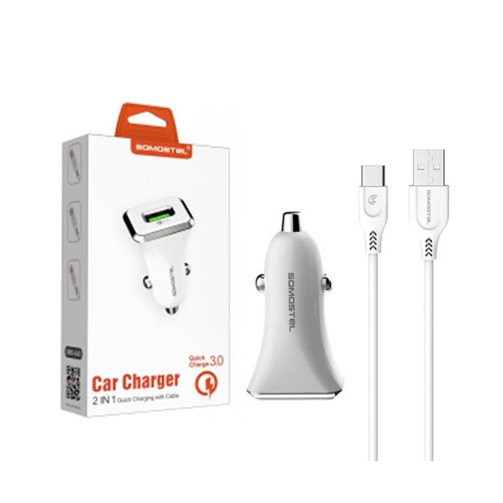 ŁADOWARKA SAMOCHODOWA 3A + KABEL TYP-C BIAŁA SOMOSTEL 3100mA SMS-A43 QUICK CHARGE USB-C QC 3.0 na NearMe.pl