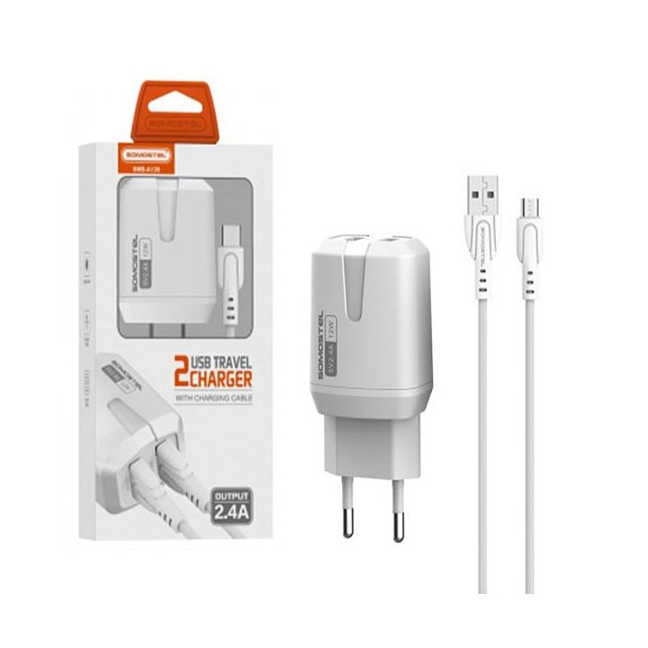 SOMOSTEL ŁADOWARKA SIECIOWA 12W 2.4A + KABEL MICRO USB BIAŁA 2XUSB DUAL SMS-A139 na NearMe.pl