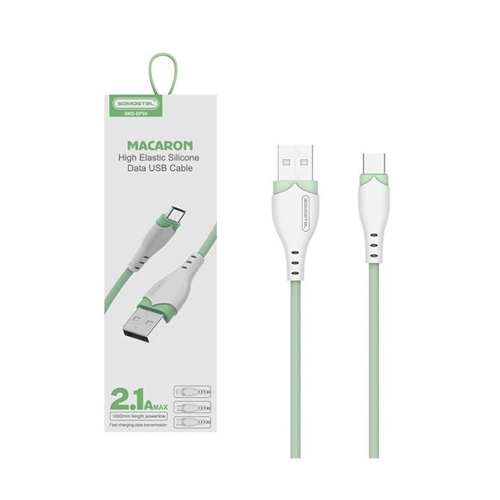 KABEL USB TYP-C 2.1A SOMOSTEL ZIELONY 2100mAh QUICK CHARGER 1.2M POWERLINE USB-C SMS-BP04 MACARON na NearMe.pl