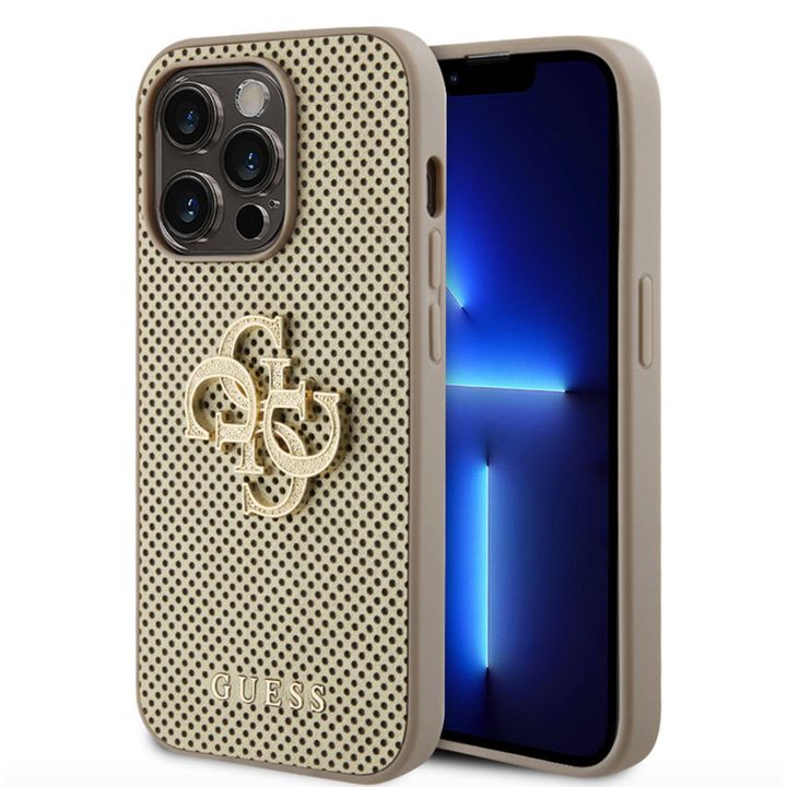 Guess PU Perforated 4G Glitter Metal Logo Case for iPhone 15 Pro Gold na NearMe.pl
