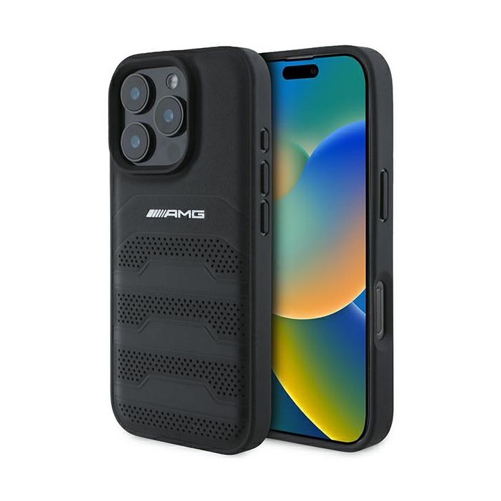 AMG AMHCP16XGSEBK iPhone 16 Pro Max 6.9" czarny/black hardcase Leather Debossed Lines Black Logo na NearMe.pl