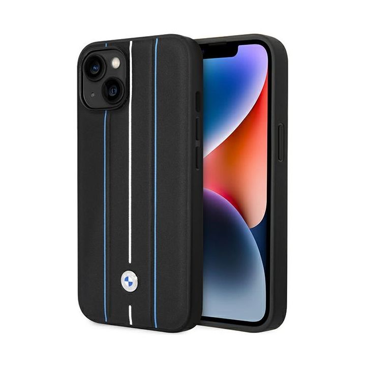 Etui BMW BMHCP14S22RVSK iPhone 14 / 15 / 13 6.1" czarny/black hardcase Leather Stamp Blue Lines na NearMe.pl