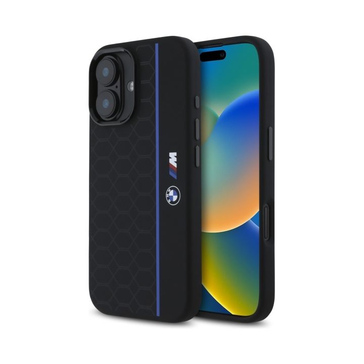 BMW BMHMP16S23SHEB iPhone 16 6.1"        czarny/black hardcase Silicone Hexagon Blue Line MagSafe na NearMe.pl