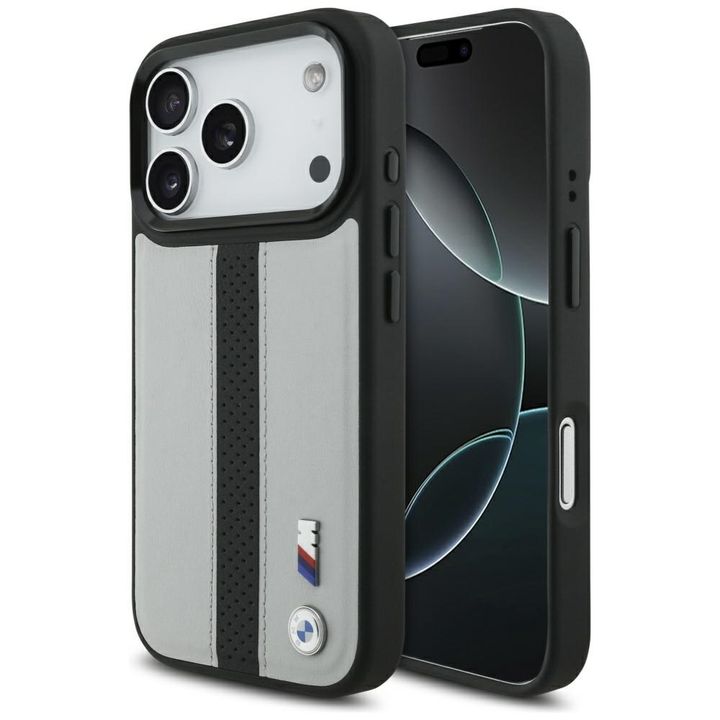 Etui BMW M Perforated Stripe Logo        MagSafe do iPhone 17 Pro szary na NearMe.pl