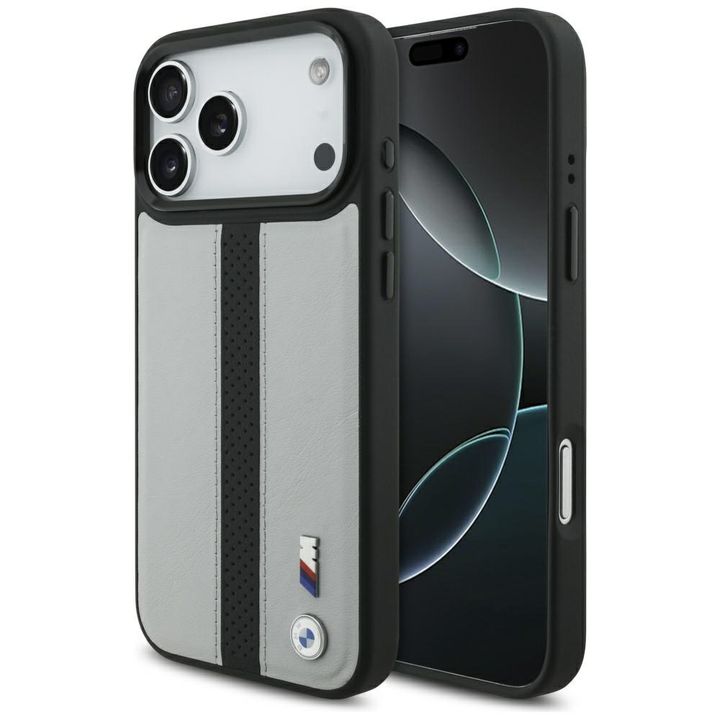 Etui BMW M Perforated Stripe Logo        MagSafe do iPhone 17 Pro Max szary na NearMe.pl