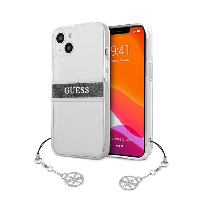 Guess GUHCP13MKB4GGR iPhone 13 / 14 / 156.1" Transparent hardcase 4G Grey Strap Charm na NearMe.pl