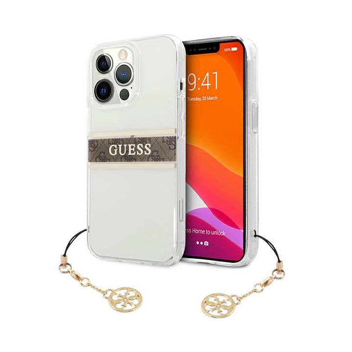 Guess GUHCP13LKB4GBR iPhone 13 Pro / 136,1" Transparent hardcase 4G Brown Strap Charm na NearMe.pl