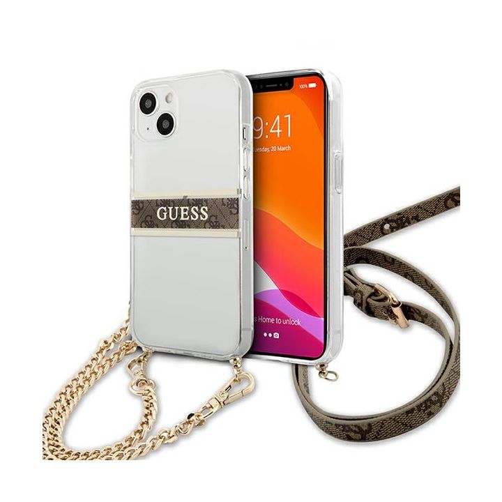 Guess GUHCP13MKC4GBGO iPhone 13 / 14 /15 6.1" Transparent hardcase 4G Brown Strap Gold Chain na NearMe.pl